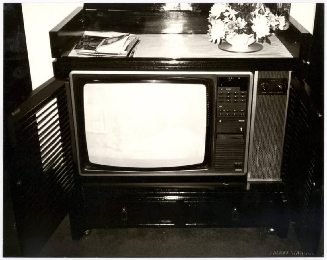 Image (From the Collection): Andy Warhol, China: Television, 1982, Black and White Print, Gift of The Andy Warhol Foundation for the Visual Arts, Inc. black and white image of an old television
